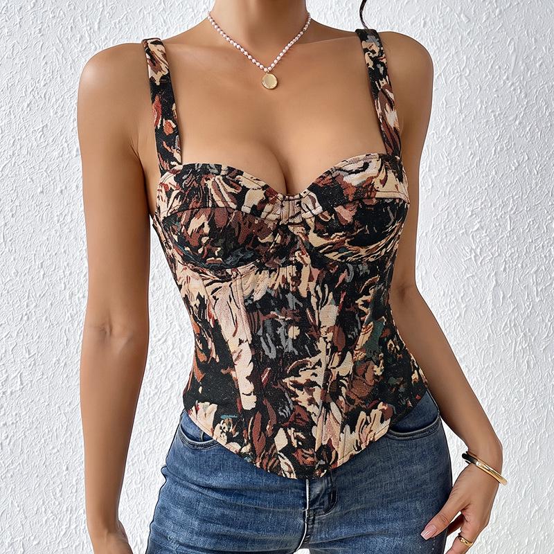 European & American Retro Floral Camisole: French Slim-fit Bustier Corset