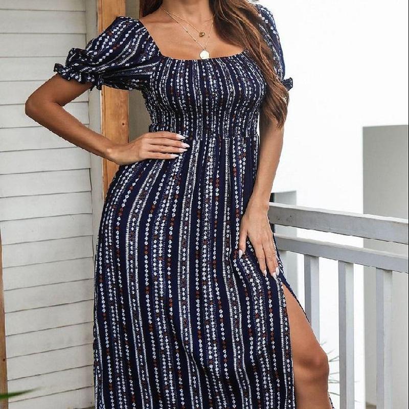 

Модное летнее платье с пышными рукавами и принтом, вечернее повседневное длинное платье с высоким разрезом и талией, солнцезащитное платье S темно-синий