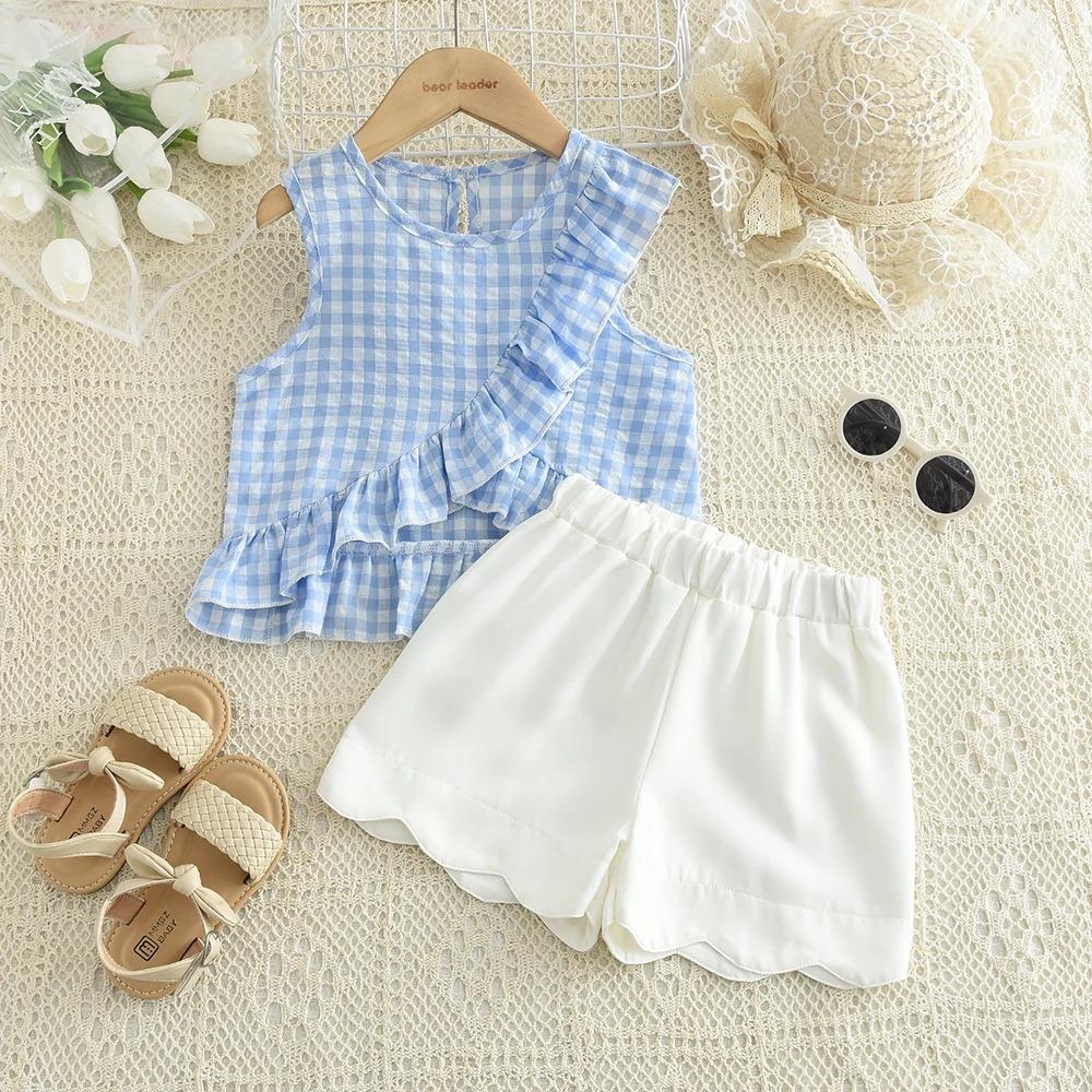 Korean Version Fashion 2-6Y Baby Girls Set Summer New Casual Round Neck Plaid Ruffle Tank Top+Shorts 2 Pcs Children Clothes 2T(2Y)