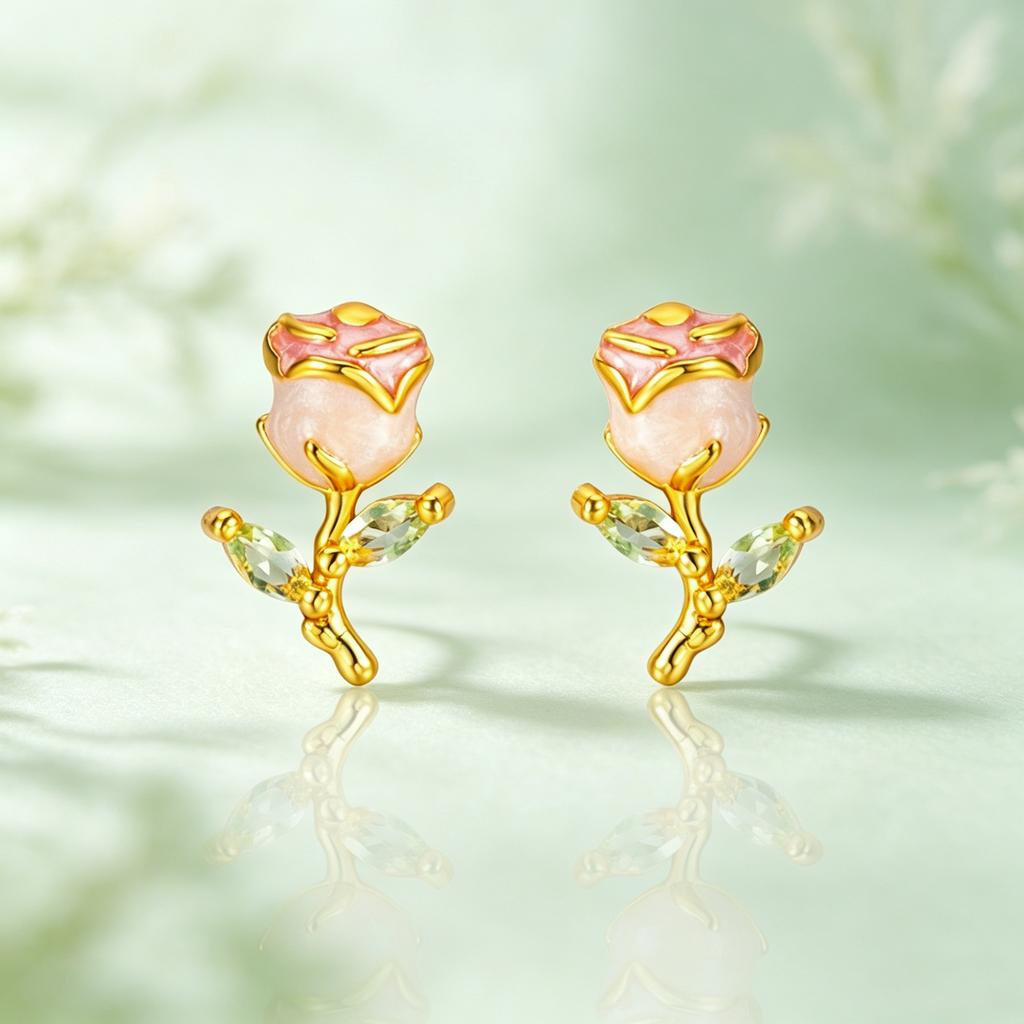 Plant Elegant Female Green Zircon Enamel Charm Gold Color Flower Stud Earrings For Women Vintage Wedding Jewelry