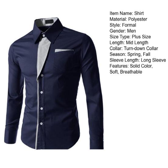 Men Spring Shirt Button Long Sleeves Solid Color Lapel Single-breasted Warm Patch Pocket Plus Size Mid Length Men Top for Office