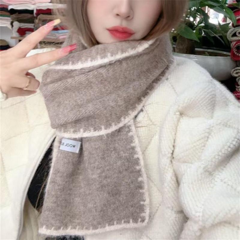 New Simple Solid Color Wool Blended Dog Tooth Edge Knitted Scarf for Women Warm and Windproof Versatile Student White Collar Scarf