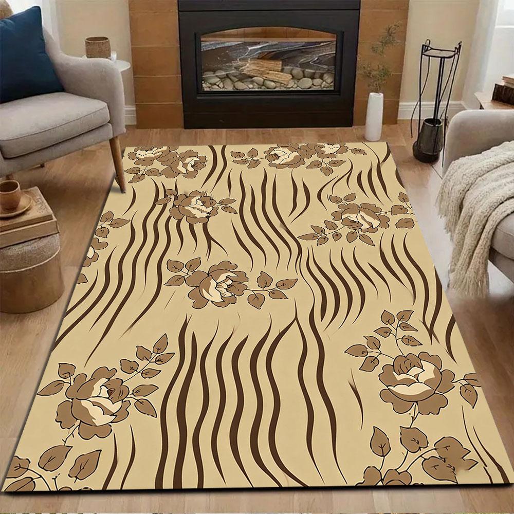Floral Waves On Taupe Background Patterned Carpet, Non Slip Mat Suitable for Living Room and Bedroom Sofas