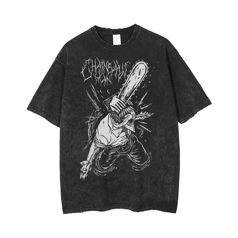 Chainsaw Men S T-Shirt Harajuku T-Shirt Short-Sleeved Printed Casual Snowflake Pattern Washed T-Shirt Retro Re S