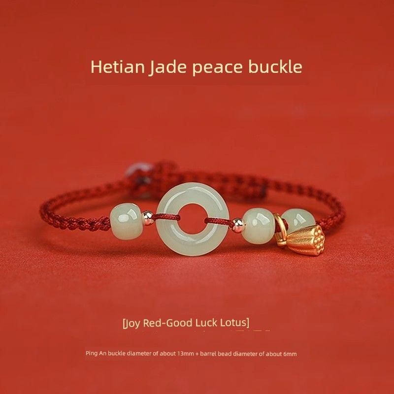 

Браслет-оберег из нефрита Хэтянь с горы Путо для женщин, плетеный ручной ремешок, браслет на ногу с лотосовой коробочкой, мужской парный стиль [Peace of the Year] Series-Good Luck Lotus-Joy Red