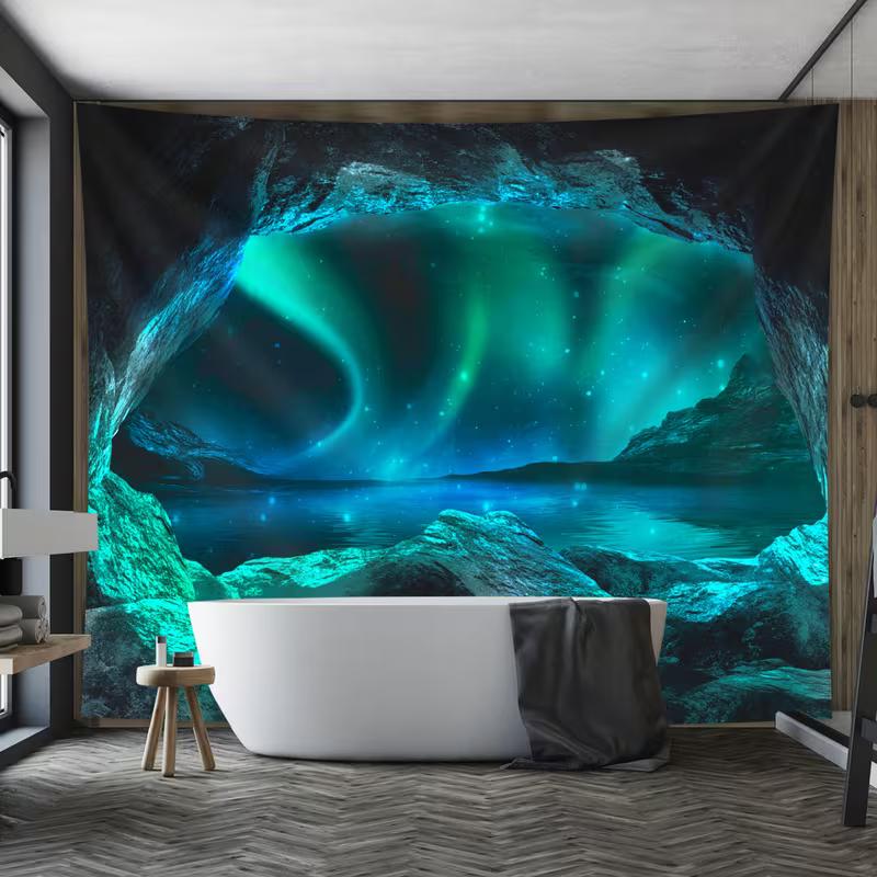 2D Northern Lights Cave Tapestry, Teal Sky Wall Decor