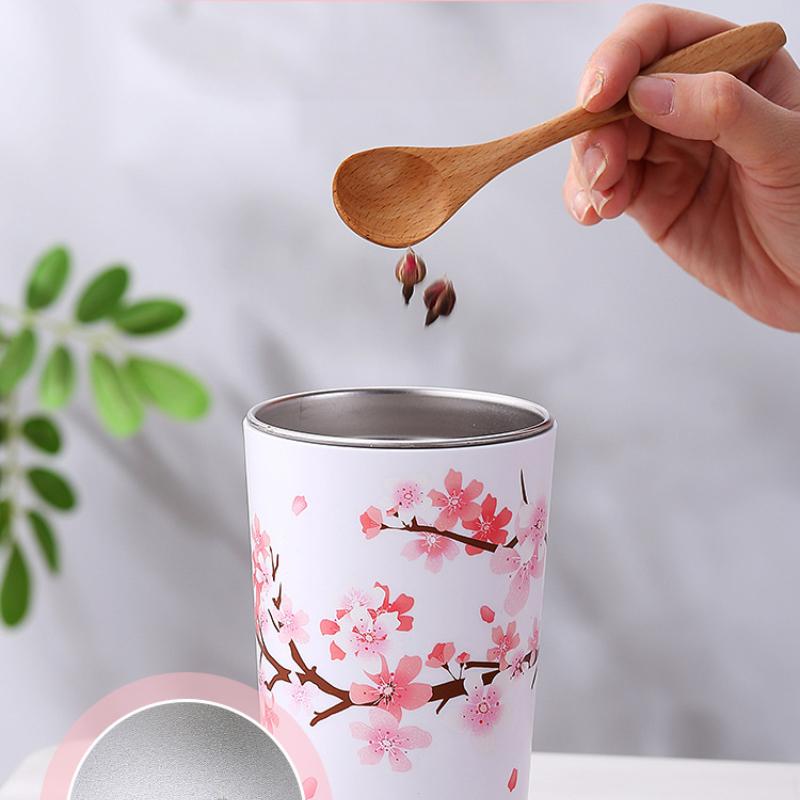Cherry Blossom Patten Coffee Mugs with Lid Stainless Steel Leak-Proof Sealed Milk Juice Tea Cup Travel Camping Tumbler Drinkware