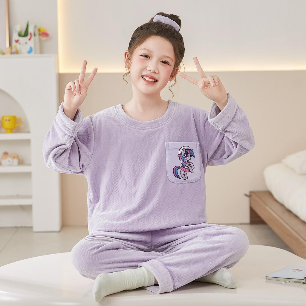 Kids Flannel Pajamas Set Boys Girls Warm Long Sleeve Top And Pants Sleepwear Winter Home Nightwear