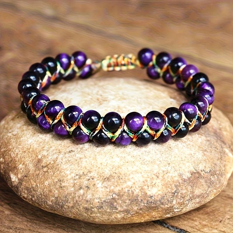 1pc CHENGYOUGE Bohemian Adjustable Bracelet - Natural Cat's Eye/Tiger's Eye Beads, Navy Blue & Golden accents, Adjustable Knot Closure, Everyday & Vac
