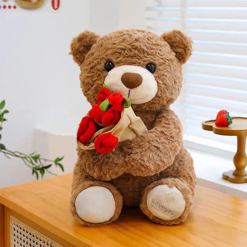 Nieuwe Teddybeer Met Rozen Pluche Speelgoed Zachte Beer Gevulde Pop Romantisch Cadeau Voor Geliefde Huisdecoratie Verjaardagscadeau Voor Meisjes 25cm