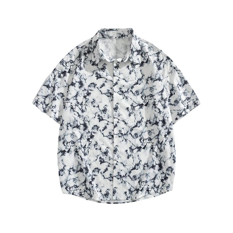 Men's White Black Marble Print Short Sleeve Shirt - Oversized Casual Streetwear Summer Button Up
