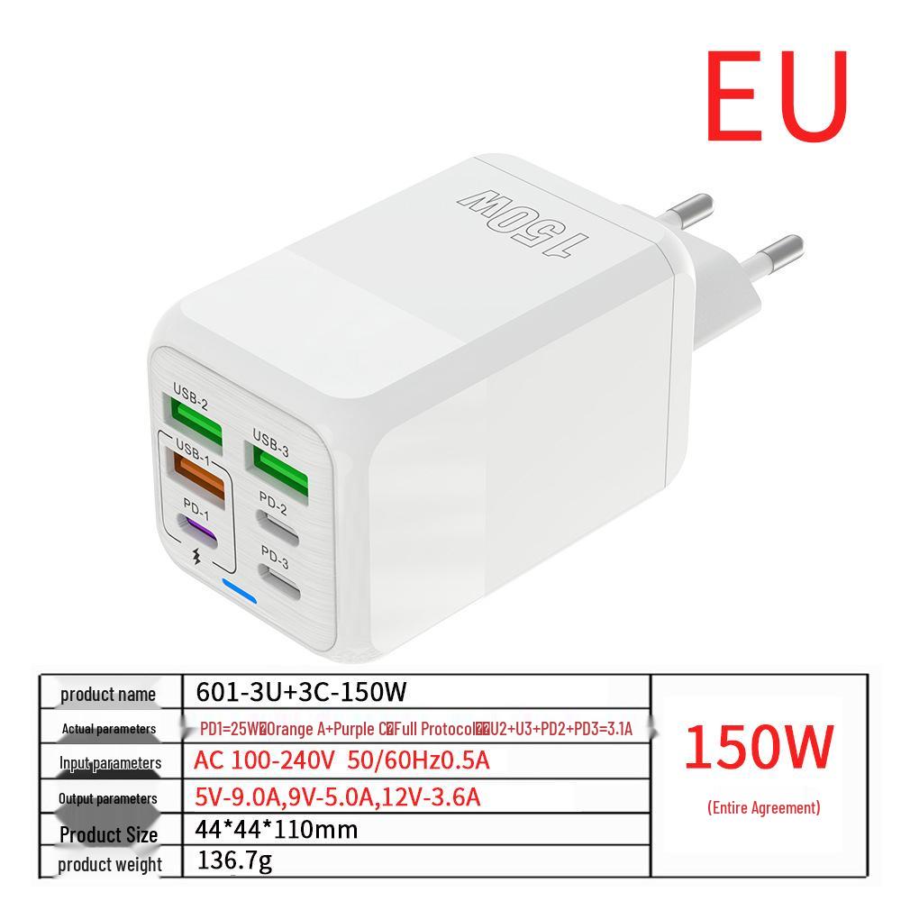 150W 6-in-1 Multi-port Charger with 3 USB & 3 PD Ports for Fast Charging (5V 3.1A)