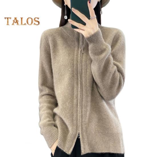 Women Knitted Sweater Coat High Collar Long Sleeve Double Zipper Placket Autumn Winter Solid Color Knitwear