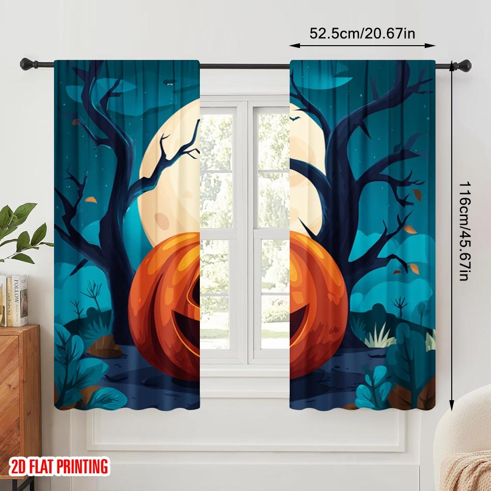 2pcs,2D Plane Printing Curtains Digital Printed Halloween Pumpkin (4) Versatile Durable Polyester (without Rod) Room Decor for