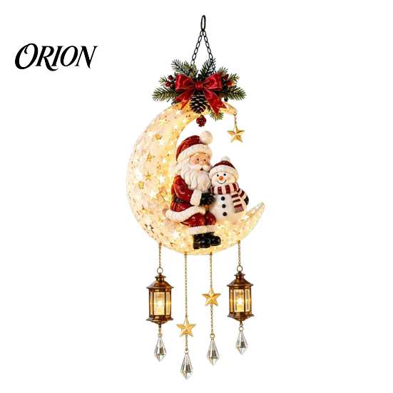 Creative Holiday Gift Christmas Santa Moon Hanging Lamp, Iron LED Lighted Ornament, Glowing Porch Lamp Atmosphere Light for Wall Window Decor