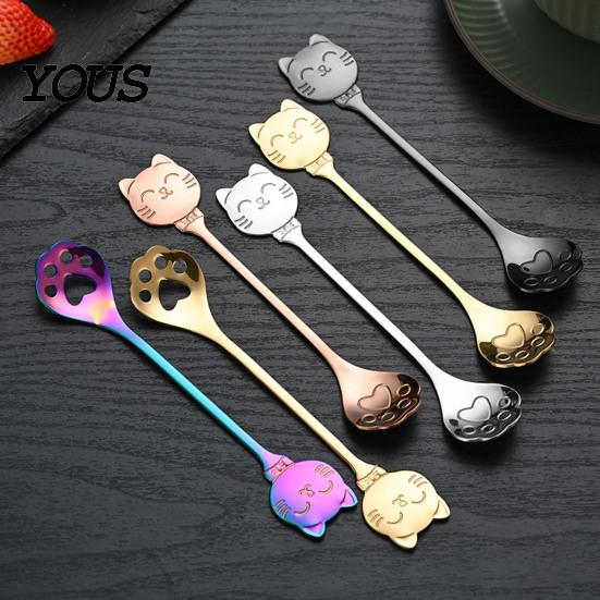Cute Cat Paw Spoon Coffee Spoon, Stainless Steel Claw Teaspoon, Embossed Design Multi-Color Electroplated Stirring for Ice Cream Yogurt