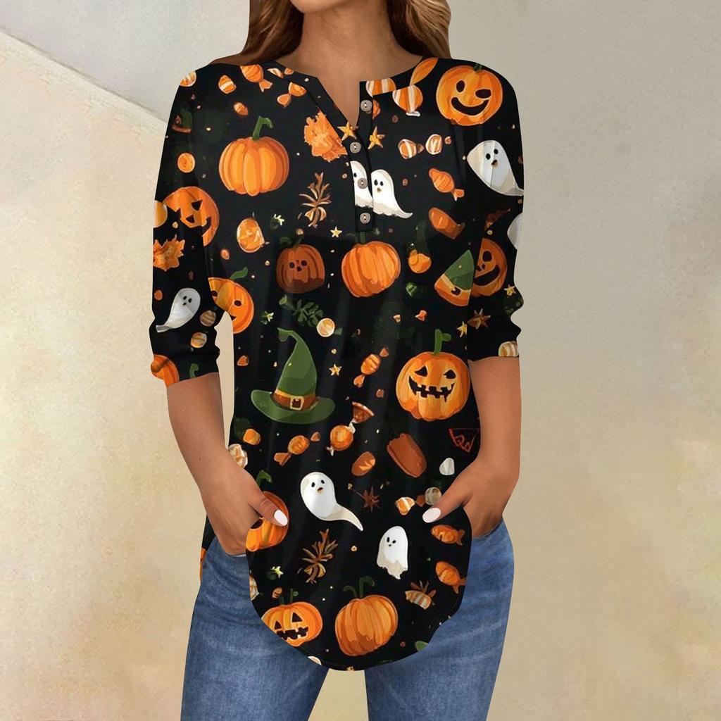 Women's Fashion Loose Button Collar Halloween Print Long Sleeve T-Shirt Top Pullover
