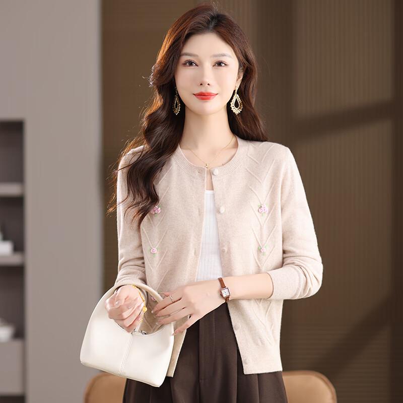 Women's 100% Pure Wool Embroidered Round Neck Cardigan