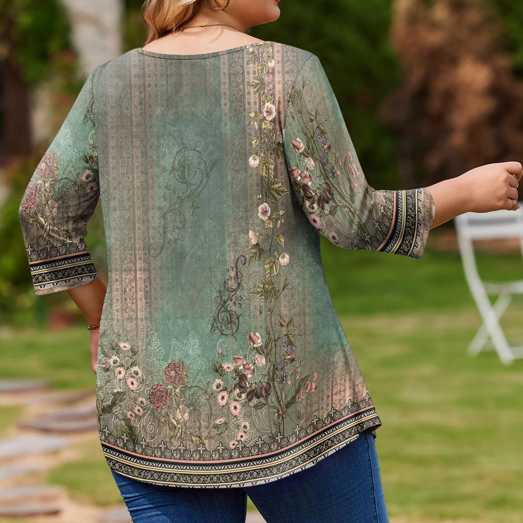 Top alla moda da donna taglie forti, manica 3/4, orlo curvo, girocollo