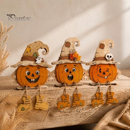 Small Pumpkin Statues for Desks 3PCS Distressed Wooden Ornaments, Witch Hats And Ghost Patches Harvest Seasonal Shelf Accents Decor, Halloween