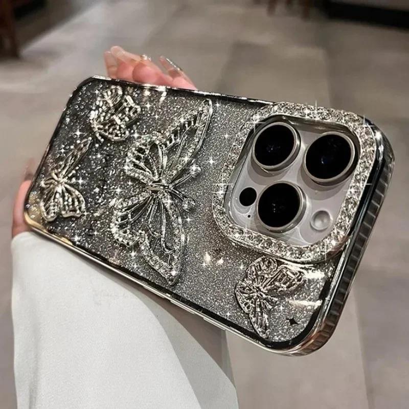Plating Women Girl's Diamond Butterfly Phone Case for iPhone 17 16 11 12 13 14 15 Pro Max Plus Transparent Soft Silicone Cover
