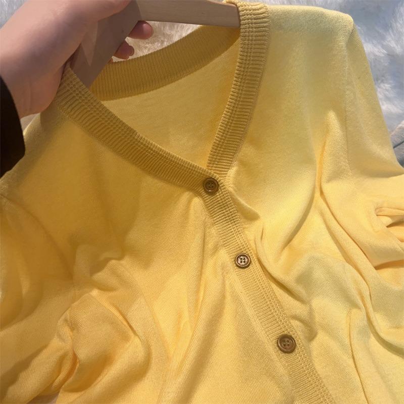 V-neck yellow long-sleeved knitted cardigan top, early autumn new lazy loose thin sweater jacket