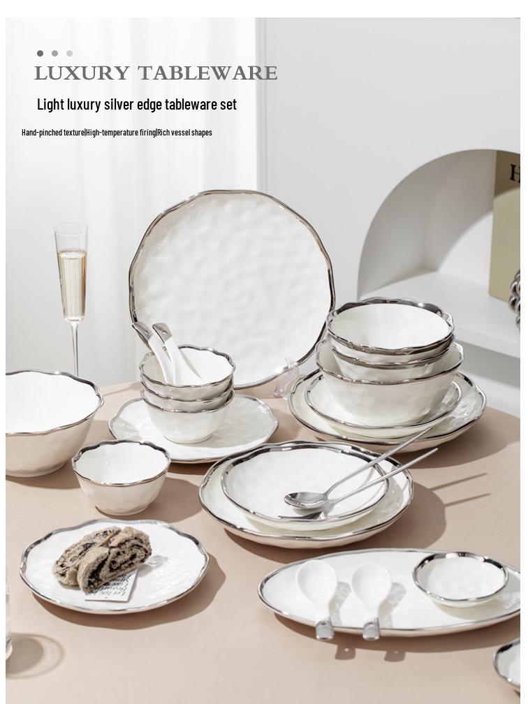 Elegant Hammered Silver Edge Ceramic Bowl & Plate Set - Perfect Housewarming Gift