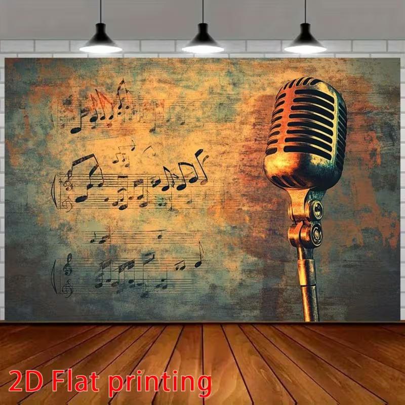 2D Vintage Microphone and Music Notes Backdrop Party Photo Background Cloth