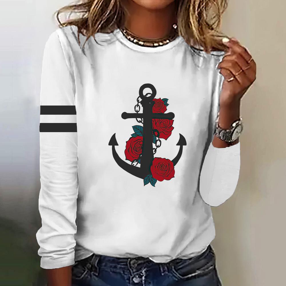 Herbst Frauen T Shirt Langarm Tops Anker Grafik Weibliche Kleidung Alltägliche Streetwear Oansatz Pullover Für frauen Tees 2023