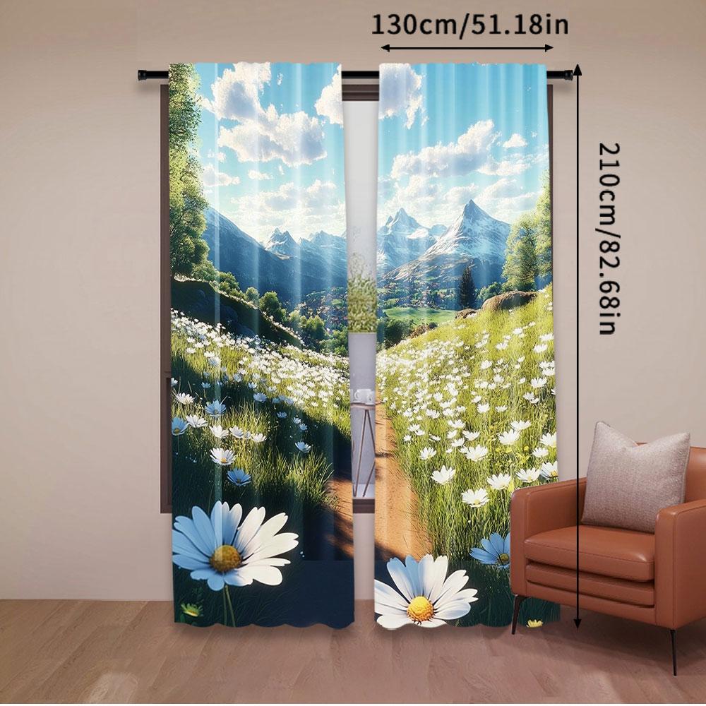 Set Of 2 Sunny Spring Day Curtains Fashion Meadow Full Flowers Aesthetic Art Suitable Living Curtain Polyester