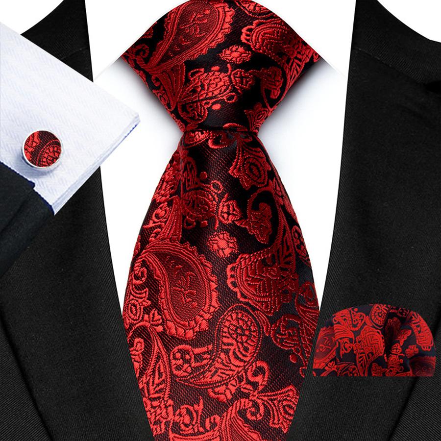 Red Striped Paisley Solid Floral Wedding 8CM Tie For Men Design Mens Necktie Hanky Cufflink Set For Daily Wear Business Party