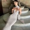 Sexy Halter Neck Draped Ruched Bodycon Dress with Flutter Sash Elegant Slimming Maxi Dress for Women