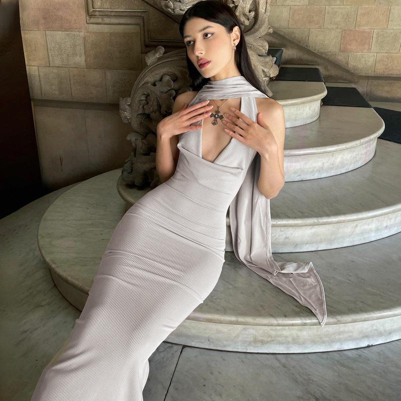 Sexy Halter Neck Draped Ruched Bodycon Dress with Flutter Sash Elegant Slimming Maxi Dress for Women