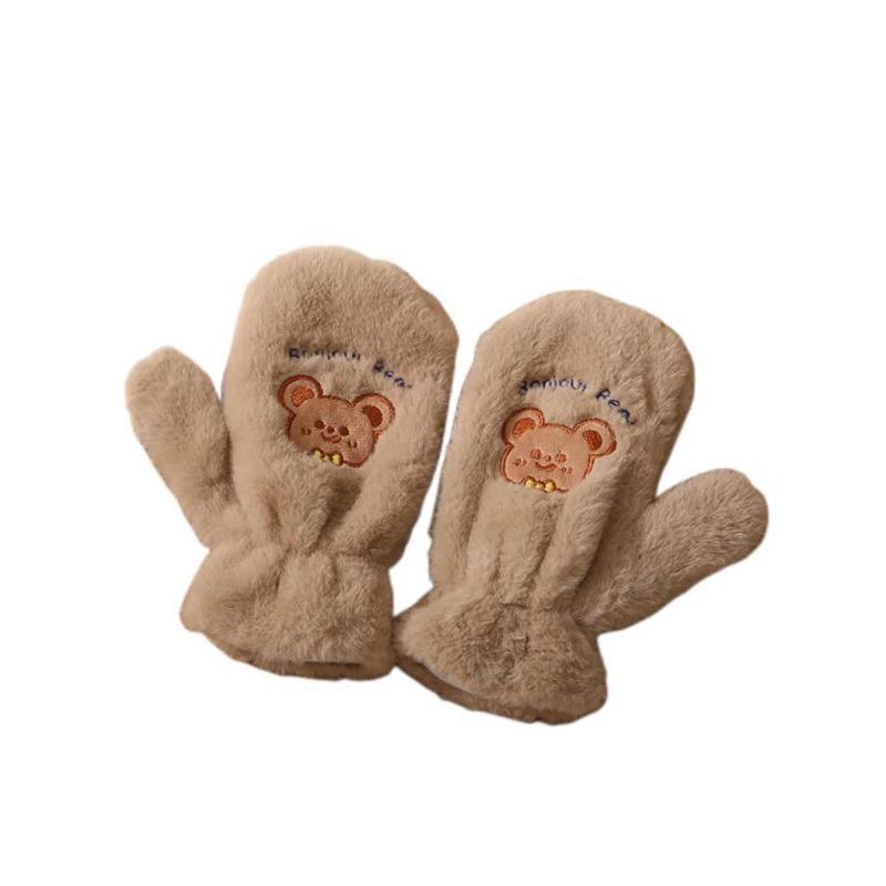 Cartoon Gloves Women's Autumn and Winter Fleece Thickened Casual Windproof Cute Tea Tea Bear Warm Plush Full Finger Hanging Neck