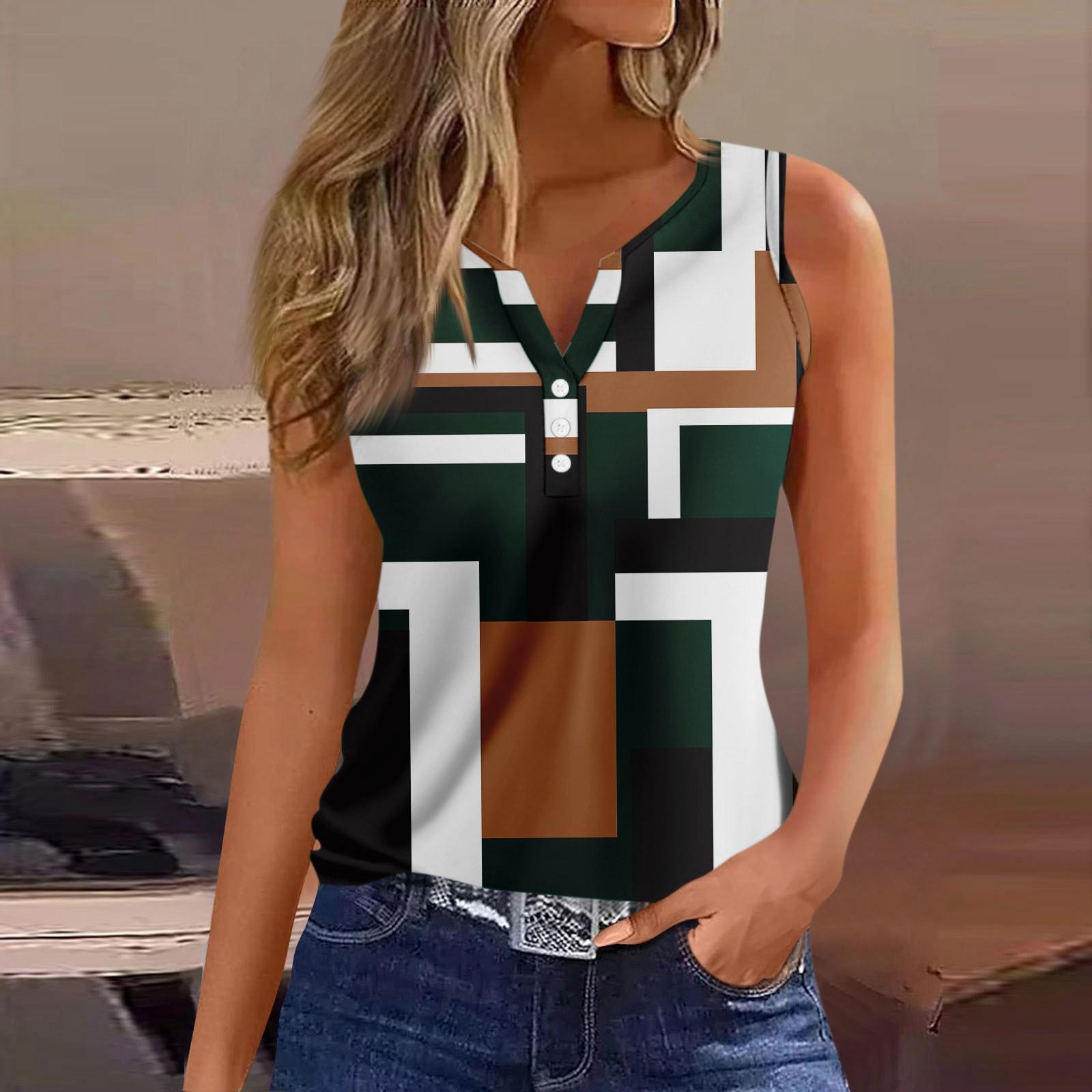 

Жен. Футболка Футболка С принтом Пуговицы Без рукавов Повседневные Выходные Мода Классический V-образный вырез Обычный Верх XL зелёный