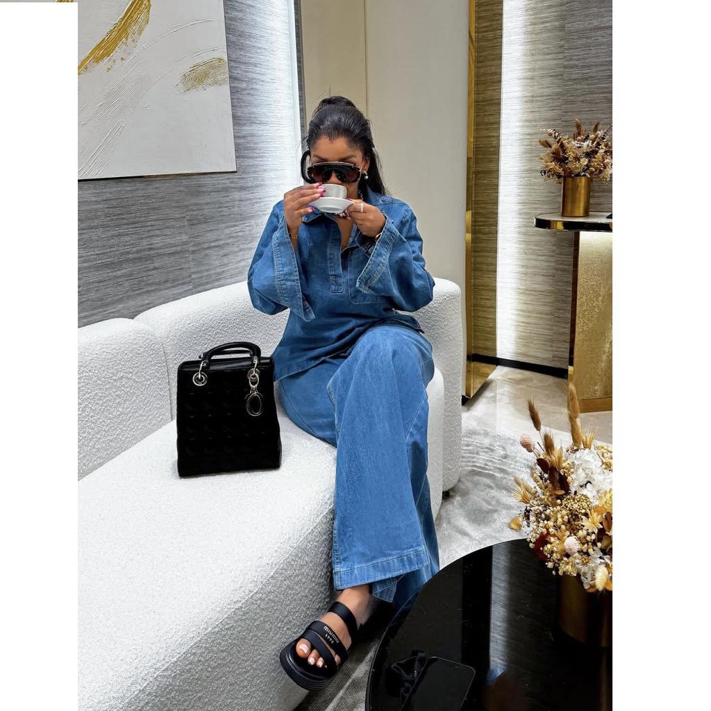 Women's Denim Suit Long Sleeved Lapel Pocket Top with Tie Up Straight Leg Pants Two-piece Set