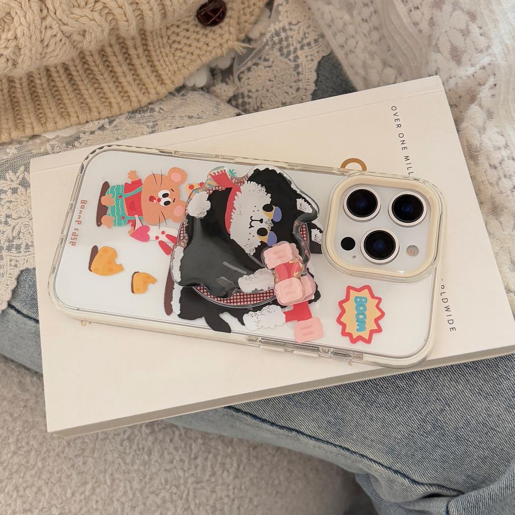Magnetic Cartoon 16promax Transparent IPhone 15 Mobile Phone Case Suitable for 13 Hammer Cat Rotating Bracket 14 Soft