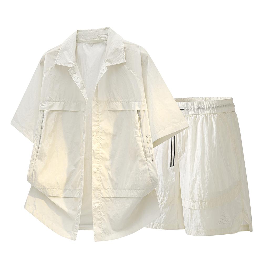 Summer Solid Color Basic Versatile Ice Silk Set Men's Shirt Short Sleeved Set Men's Two-piece Set