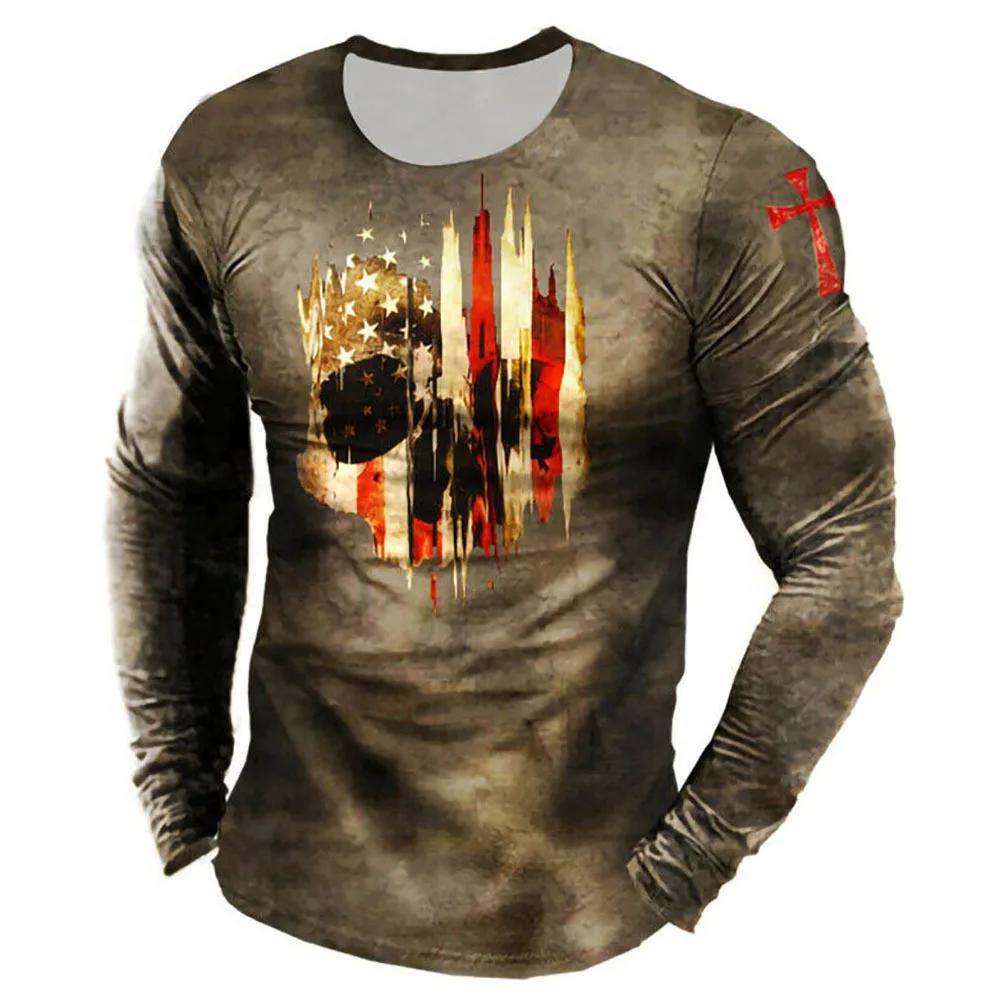 Knight 3D Digital Printing Flag T-shirt Unique Long Sleeve Pullover For Men European Style Cross-country Design