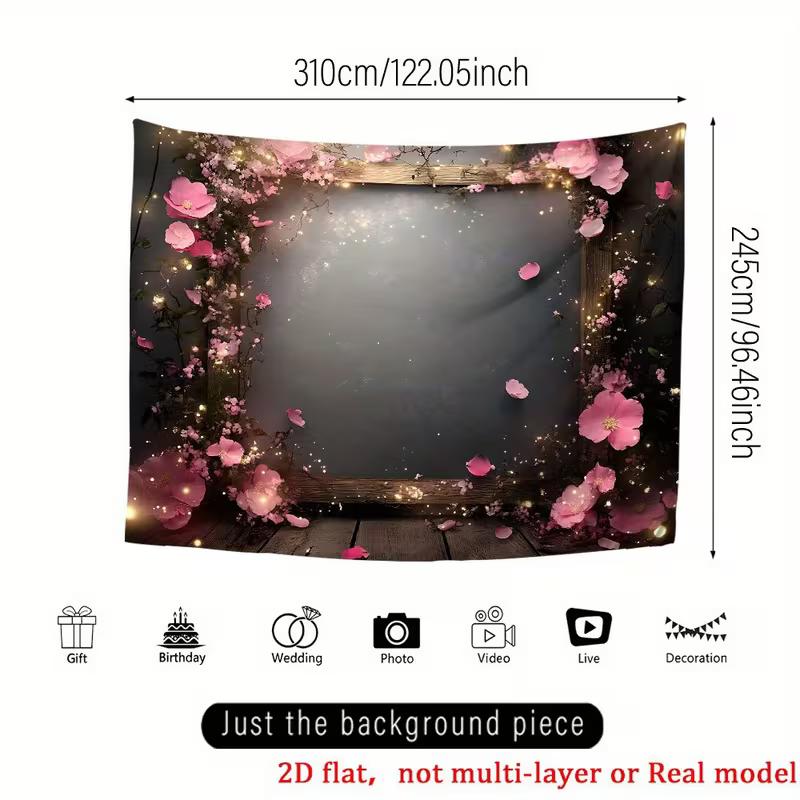 2D Dark Floral Tapestry Pink Rose Frame with Glowing Fairy Lights Party Background Cloth