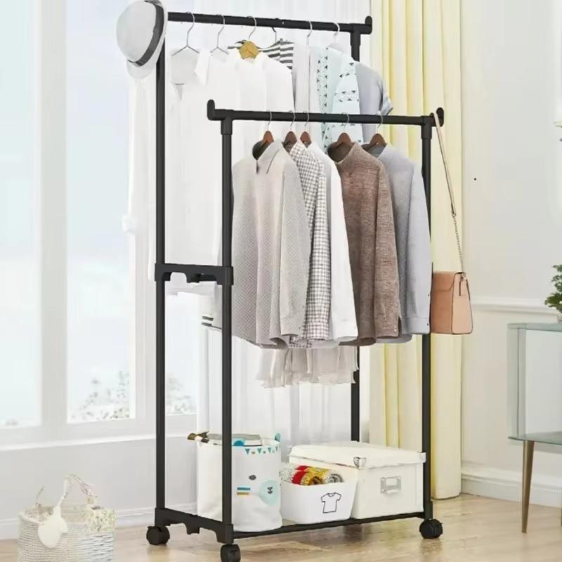 Movable Double Rod Clothes Rack Bedroom Floor Hangers Heavy Duty Coat Shelf with Wheels Organizer Home Shoe Hat Storage Racks