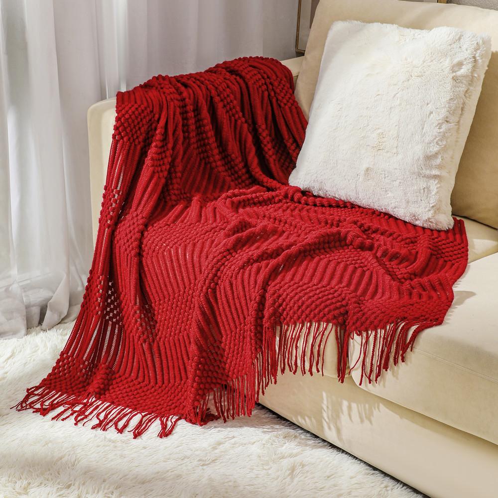 

1 шт. Богемський геометричний плед з китицями - 100% поліестер Легкий Всесезонний М який Текстурований Дизайн для Кушетки, Ліжка, Дивана 127 * 180CM червоний