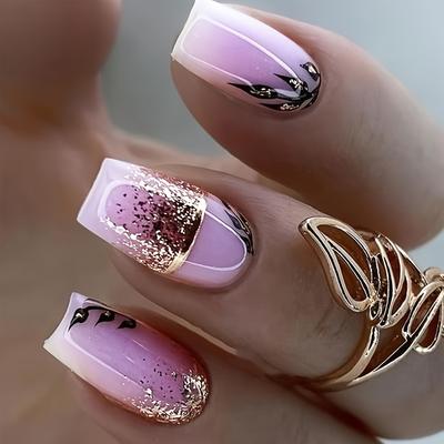 Lirches 24 Stück lila Aufdrücknägel, kurze, quadratische künstliche Acrylnägel mit goldenem Liniendesign, Blattmuster, künstliche Nägel