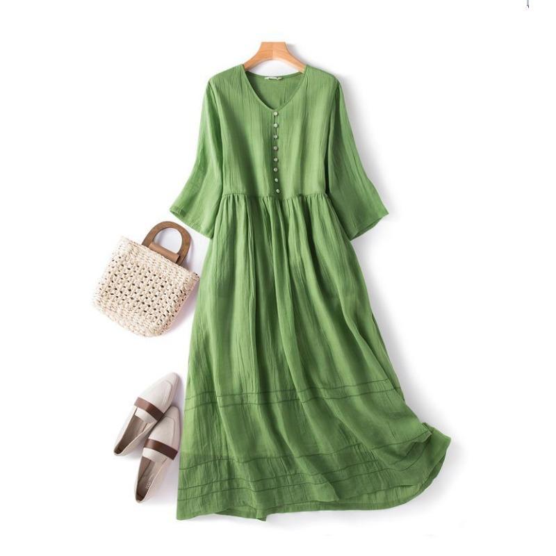Japanese Style Summer Linen Dress Women Pure Color Slim Loose Long Dress Cotton Flowy Casual