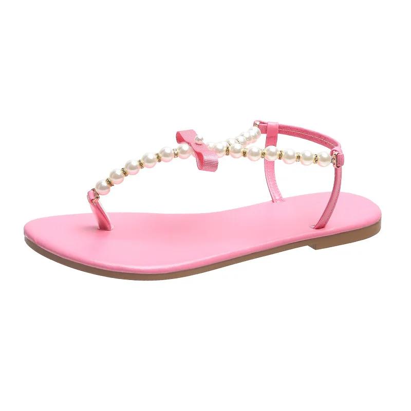 fashion Summer Women's Flip Flops Sandals 2024 New Fashion Outdoor Flat Beach Sandals Sexy Pearl Bow-knot Shoes Female Clip Toe Sandales