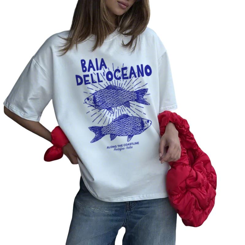 Fish Printed TShirt Aesthetic Italian Coastal Graphic Tees Retro Short Sleeve Cotton Shirt Vintage Boho Womens Clothing Y2k S