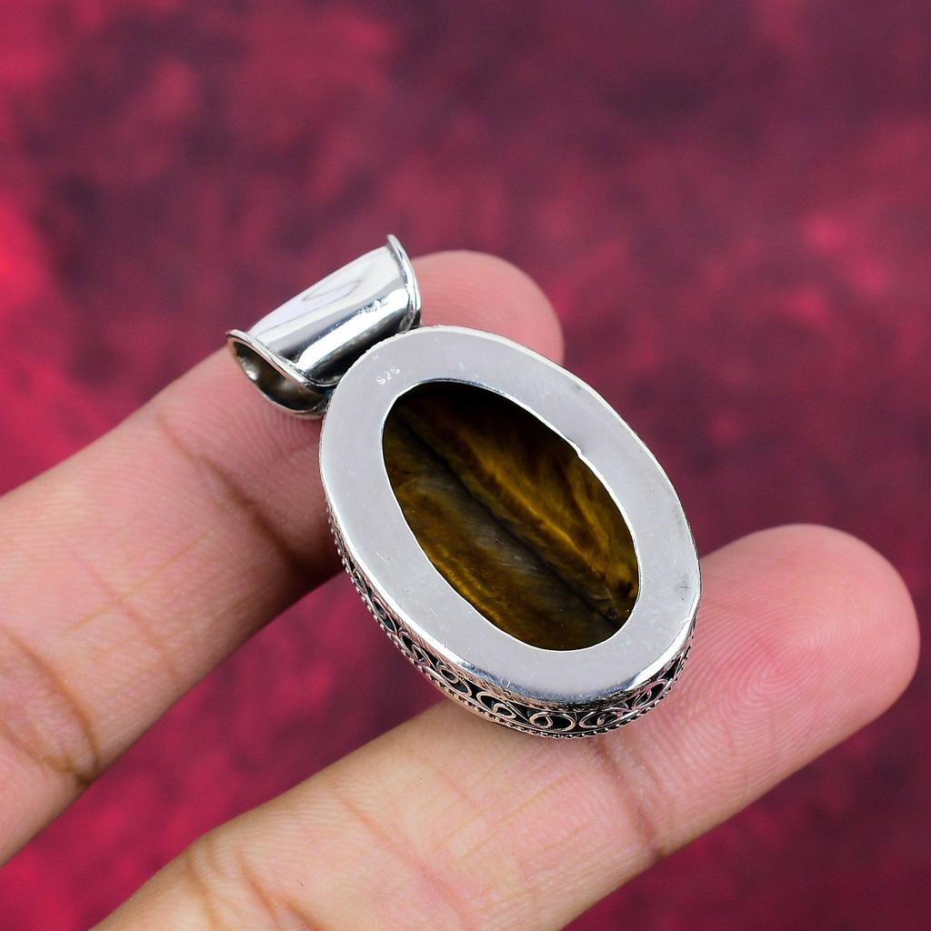 Tiger's Eye 925 Solid Sterling Silver Pendant, Handmade Gemstone Pendant , Gift For Mom Antique Jewelry