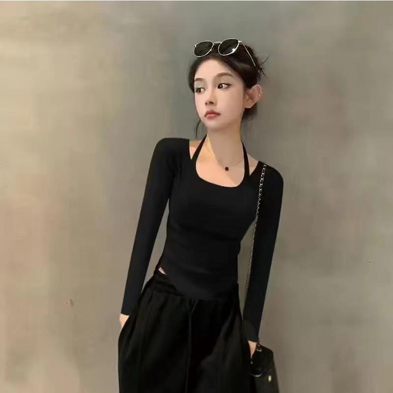 

2024 Кофейного цвета футболка с длинным рукавом и вырезом халтер, с неровным низом для женщин XS чёрный