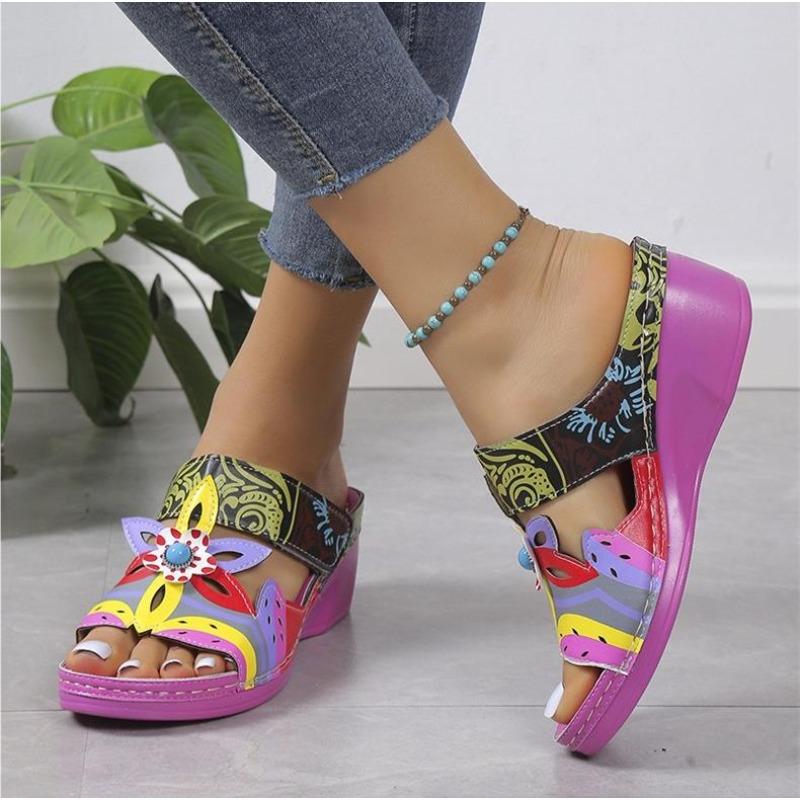 Fashion Wedge Slippers Colorblock Tribal Floral Pattern New Women's Platform Slides Tribal Floral Print Sandals Women Ethnic Shoes