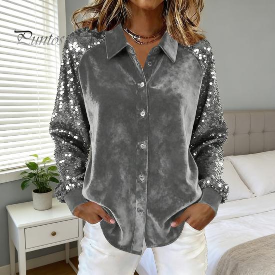Soft Breathable Shirt Women Button-Down Lapel Long Sleeve Tops Solid Color Glitter Loose Fit Shiny Sequins Velvet Cocktail Party Wear Sweat-absorbent